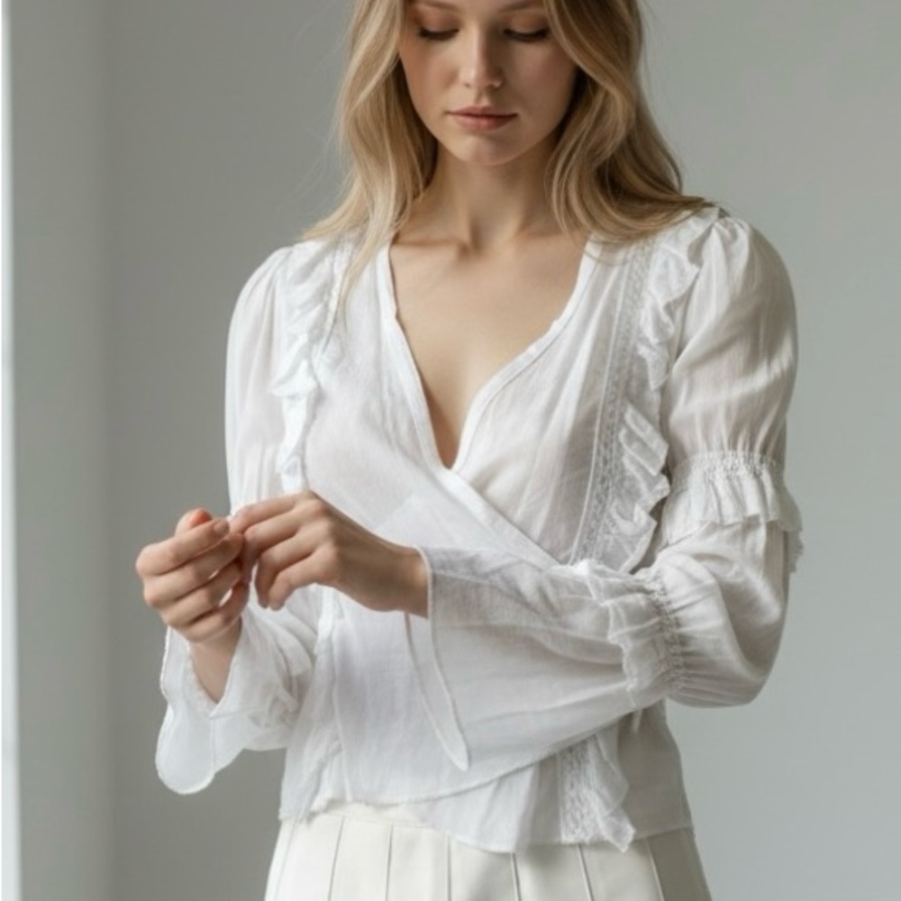 Sharagano Paris white Ruffled Wrap Blouse